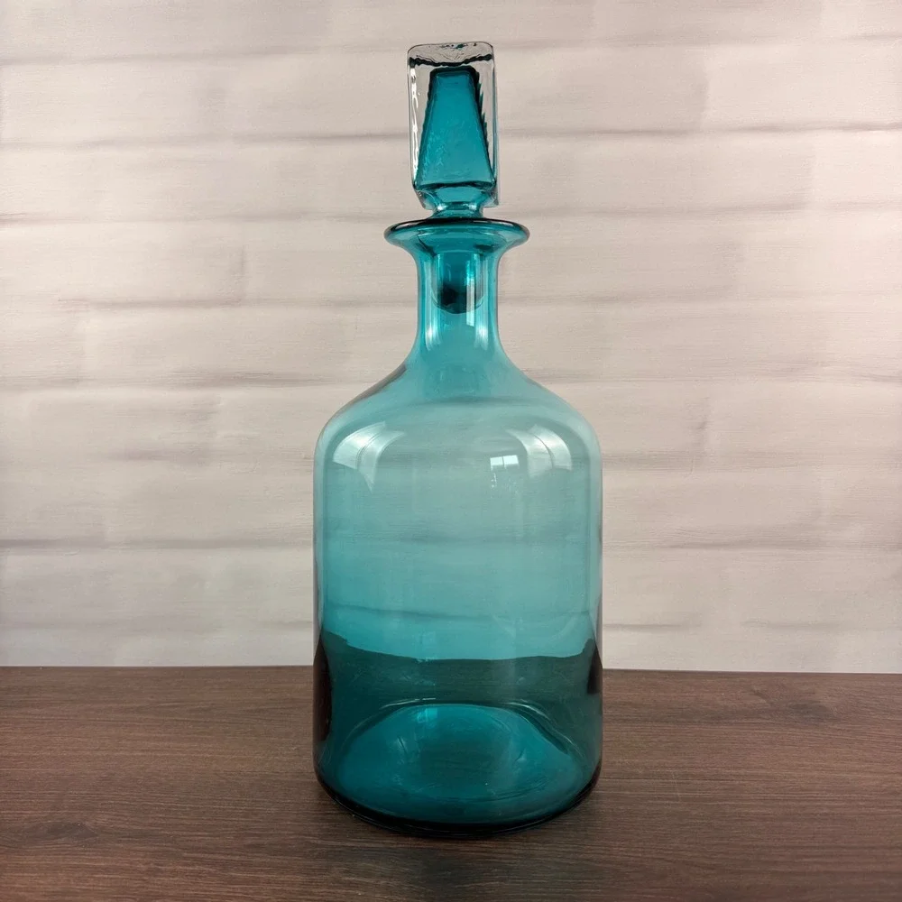 Z Gallerie Large Teal Blue Art Glass Decanter Square Stopper 17
